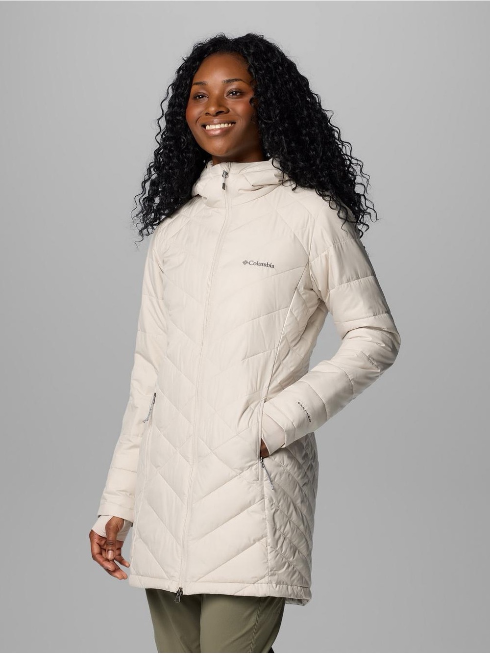 Columbia Heavenly Long Hooded Puffer Jacket Coat NWT Dark Stone Beige L